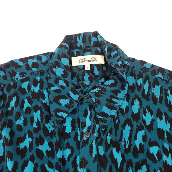 Diane Von Furstenberg Animal Print Dress XL Blue Cheetah Button Up Viscose Tie - Picture 7 of 15
